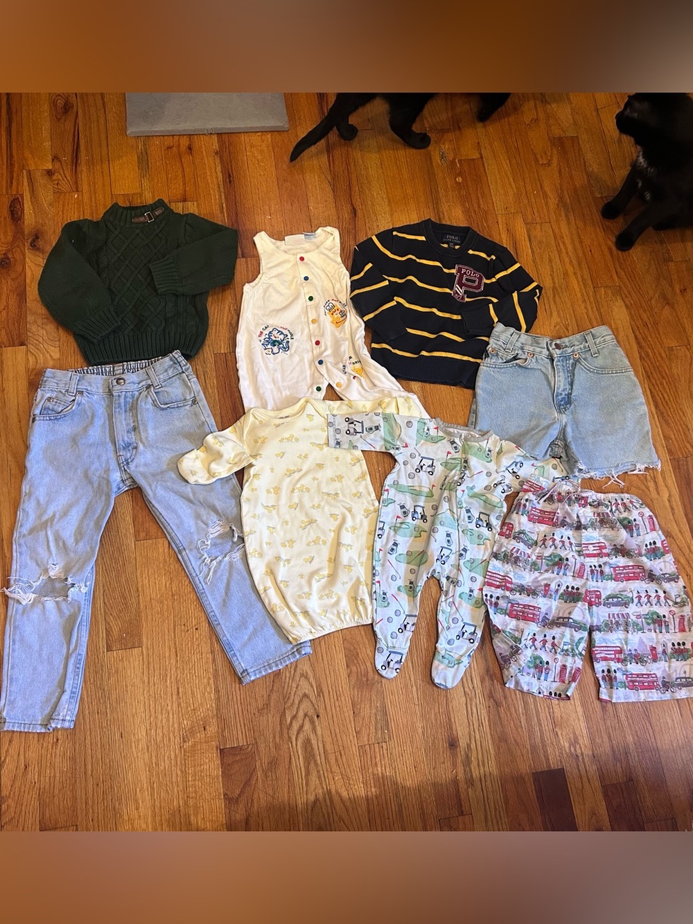 Mixed Kids Clothing Lot - Green Sweater, Striped Top, Denim & Pajamas